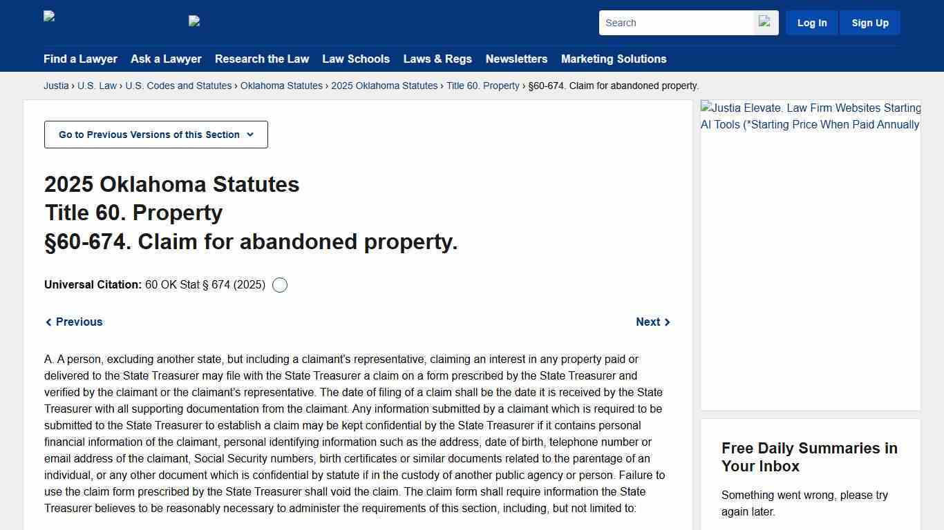 Oklahoma Statutes §60-674 (2025) - Claim for abandoned property. :: 2025 Oklahoma Statutes :: U.S. Codes and Statutes :: U.S. Law :: Justia